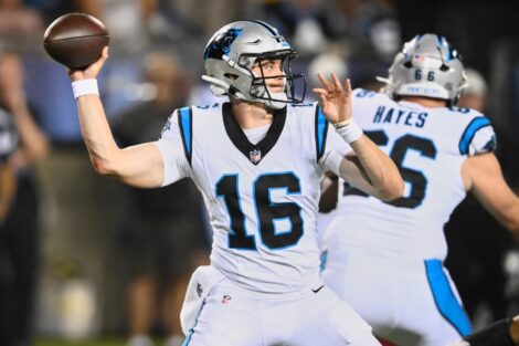 Carolina Panthers quarterback Haynes King (16) passes in the second half of the Pro Football Hall of Fame NFL preseason game against the Arizona Cardinals in Canton, Ohio, Thursday, Aug. 6, 2026. (AP Photo/David Richard)