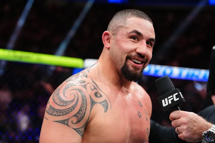 LAS VEGAS, NEVADA - JULY 11: Robert Whittaker of New Zealand is interviewed in a light heavyweight fight during the UFC 329 event at T-Mobile Arena on July 11, 2026 in Las Vegas, Nevada. (Photo by Jeff Bottari/Zuffa LLC)