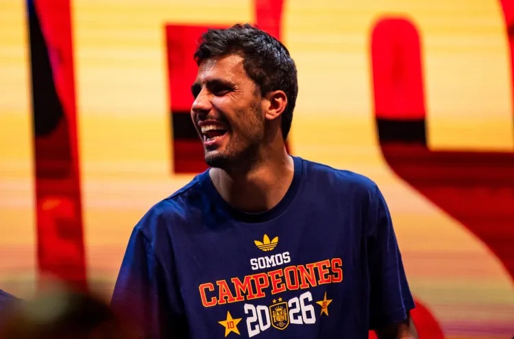 MADRID, SPAIN - JULY 20: Rodri of Spain celebrate on stage during the FIFA World Cup 2026 parade on July 20, 2026 in Madrid, Spain. The final match of the FIFA World Cup 2026 was held at New York New Jersey Stadium in New Jersey between Spain and Argentina. (Photo by Luciano Lima/Getty Images) Getty Images