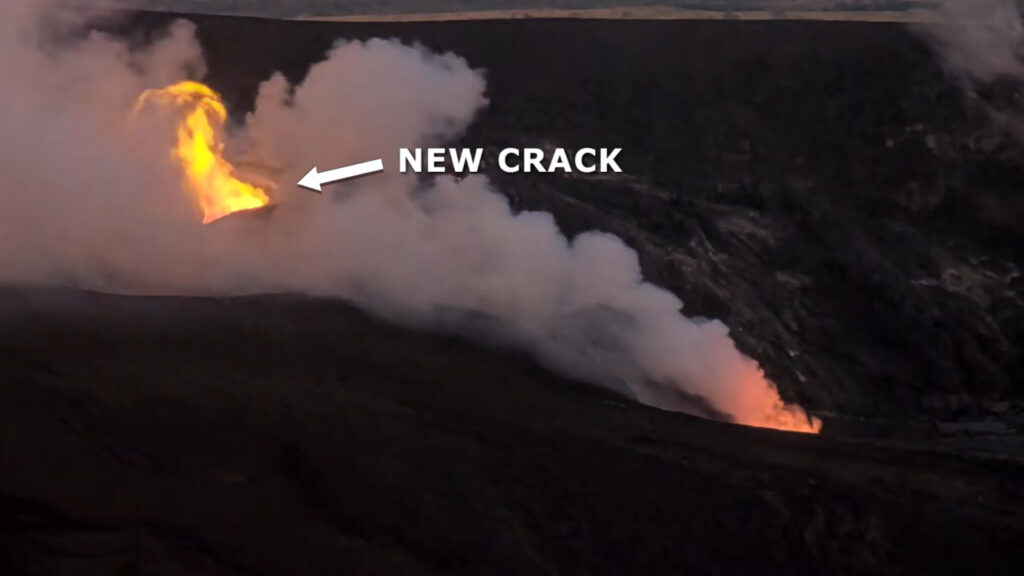 USGS webcam shows flames from the new crack upslope on the south vent at the summit of Kīlauea. Label added by BIVN.