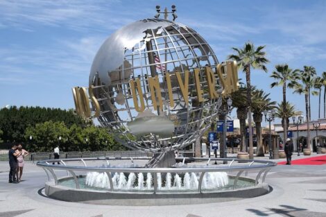 The Universal Studios globe fountain in Los Angeles, California, on April 15, 2021. Lisa O'connor/AFP via Getty Images