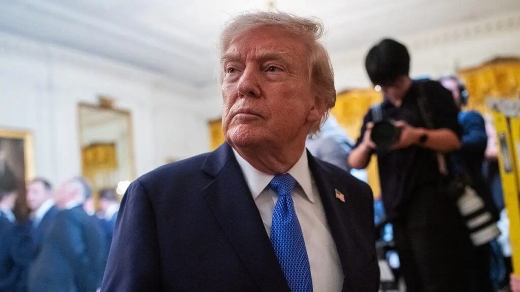 President Donald Trump departs following a reception in the East Room of the White House in Washington, D.C., on Thursday, Aug. 6, 2026. Trump hosted Team USA Olympians who competed in the 2026 Olympic Winter Games. (Bloomberg via Getty Images)