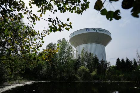 FILE — A water tower is seen Thursday, July 30, 2026, in Plymouth, Minn. A cyberattack targeted the operating technology at over 30 water systems in Minnesota, including Plymouth's, earlier this week, state officials said. Ellen Schmidt / AP