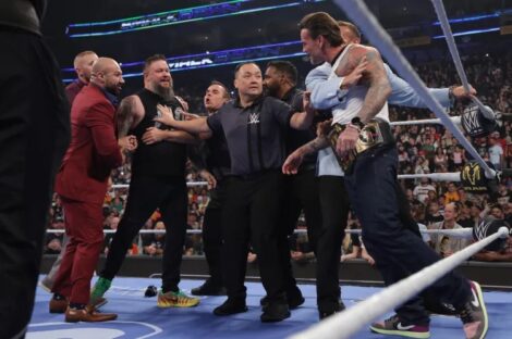 PHILADELPHIA, PENNSYLVANIA - AUGUST 7: Kevin Owens and CM Punk in the ring during SmackDown at Xfinity Mobile Arena on August 7, 2026 in Philadelphia, Pennsylvania. (Photo by Brien Adams/WWE via Getty Images) WWE via Getty Images