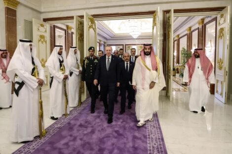 Saudi Arabia's Crown Prince Mohammed bin Salman walks alongside Turkish President Recep Tayyip Erdogan during their meeting in Mecca on August 7 [Handout via AFP] By Brian Osgood