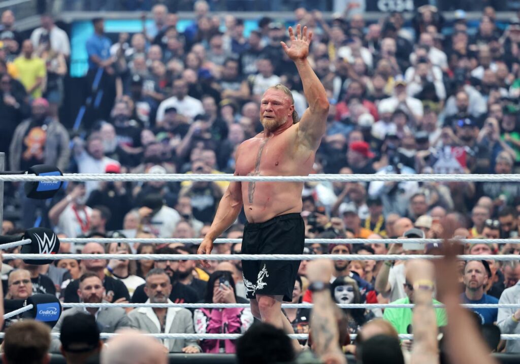 Brock Lesnar gestures to fans after he appeared to retire following his loss to Oba Femi in their match during WrestleMania 42 at Allegiant Stadium on April 19, 2026 in Las Vegas, Nevada. (Photo by Ethan Miller/Getty Images)Getty Images