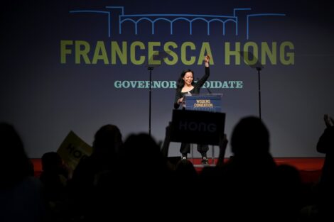 Francesca Hong, a candidate for governor, speaks on stage during Wisconsin Democrats 2026 convention on 14 June in Madison. Photograph: Daniel Boczarski/Getty Images for WisDems