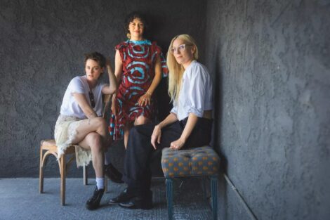 Kristen Stewart, left, Alia Shawkat and director Dylan Meyer, photographed at the River LA in Los Angeles in August. (Jason Armond / Los Angeles Times)