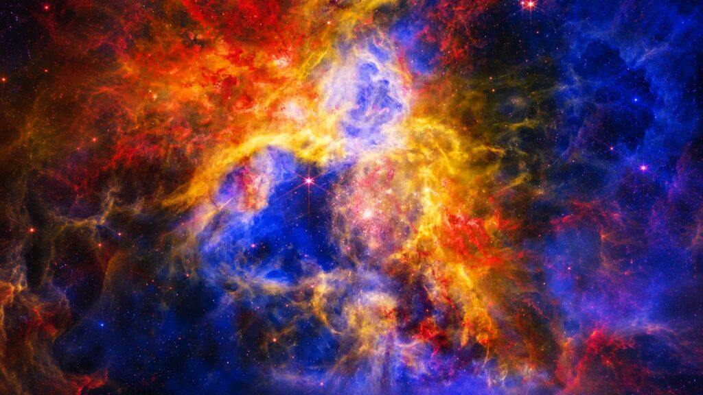 A detail of an image of the Tarantula Nebula, created by combining data from the Chandra, Hubble, Webb, and Spitzer space telescopes, is shown in a photo released on Wednesday, August 12, 2026. NASA/ESA/CSA/STScI/Ohio St et al / SWNS