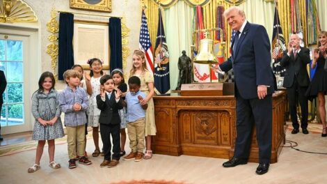 President Donald Trump rings the opening bell of the New York Stock Exchange ahead of the launch of Trump investment accounts in the Oval Office of the White House in Washington, D.C., on July 6, 2026. (Getty Images)
