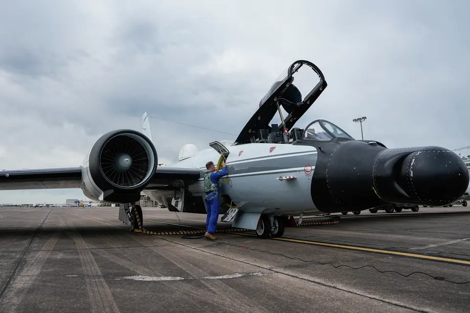 A pilot goes through a pre-flight safety inspection on a NASA WB-57 plane on March 27, 2024, in Houston. Houston Chronicle/Getty Images