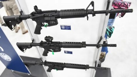 Smith & Wesson M&P-15 semi-automatic rifles of the AR-15 style are displayed during the National Rifle Association (NRA) annual meeting at the George R. Brown Convention Center, in Houston, Texas on May 28, 2022. (Patrick T. Fallon/AFP via Getty Images)