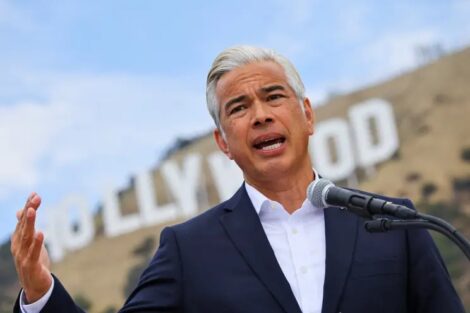 California Attorney General Rob Bonta holds a press conference next to the iconic Hollywood sign in Los Angeles, California, on July 13, 2026. REUTERS