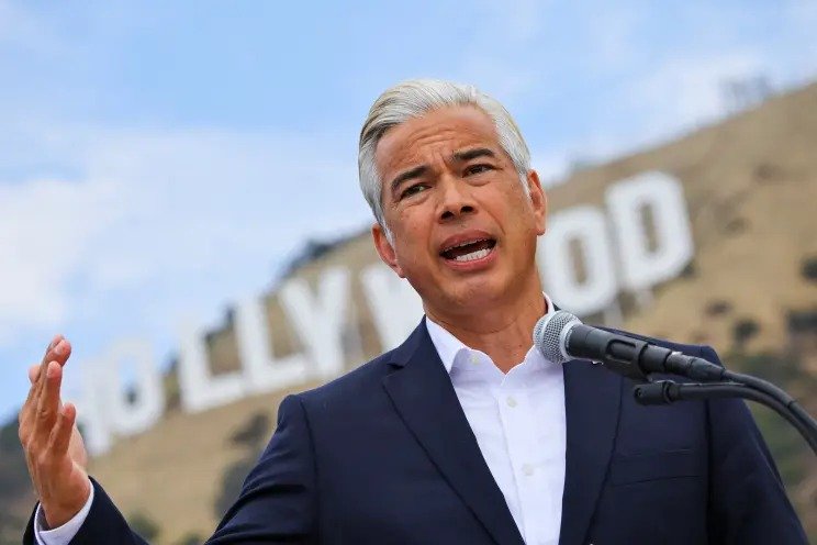 California Attorney General Rob Bonta holds a press conference next to the iconic Hollywood sign in Los Angeles, California, on July 13, 2026. REUTERS