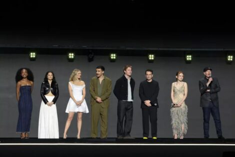 Marvel Studios President Kevin Feige, right, with “X-Men’s” Maya Boyd, Inde Navarrette, Samara Weaving, Christopher Abbott, Kit Connor, Jake Schreier and Sadie Sink. (Jesse Grant / Getty Images for Disney)