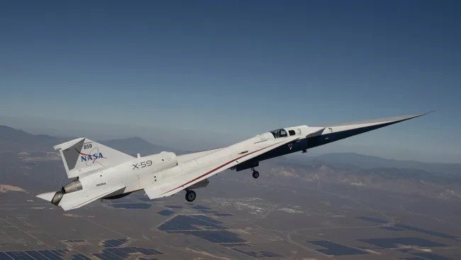 NASA's quiet supersonic X-59 aircraft is seen here during a flight on March 20, 2026. The agency will showcase its aerospace tech at its "Max Power" expo at Kennedy Space Center this November. (Image credit: NASA/Jim Ross)