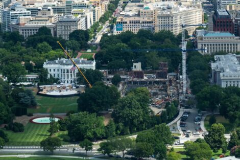 Joshua Fisher, the director of White House management and administration, estimated that the construction of the White House ballroom was 65 percent complete.Credit...Andrew Leyden for The New York Times